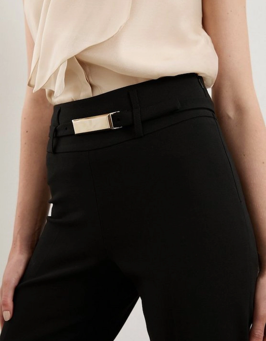 Compact Stretch High Waisted Belted Straight Leg Trousers