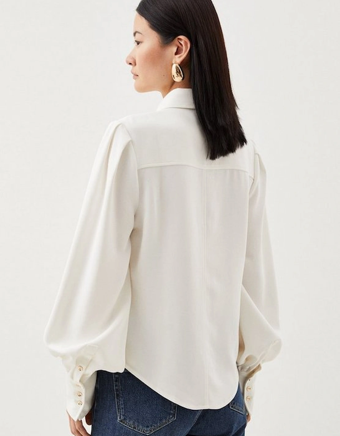 Viscose Crepe Statement Sleeve Collared Blouse