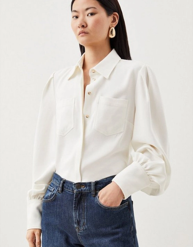 Viscose Crepe Statement Sleeve Collared Blouse