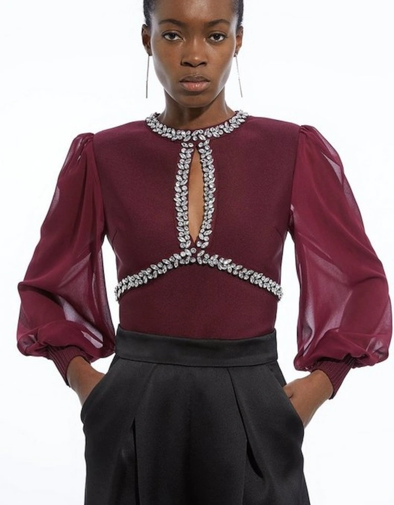 Embellished And Chiffon Sleeve Figure Form Knit Top