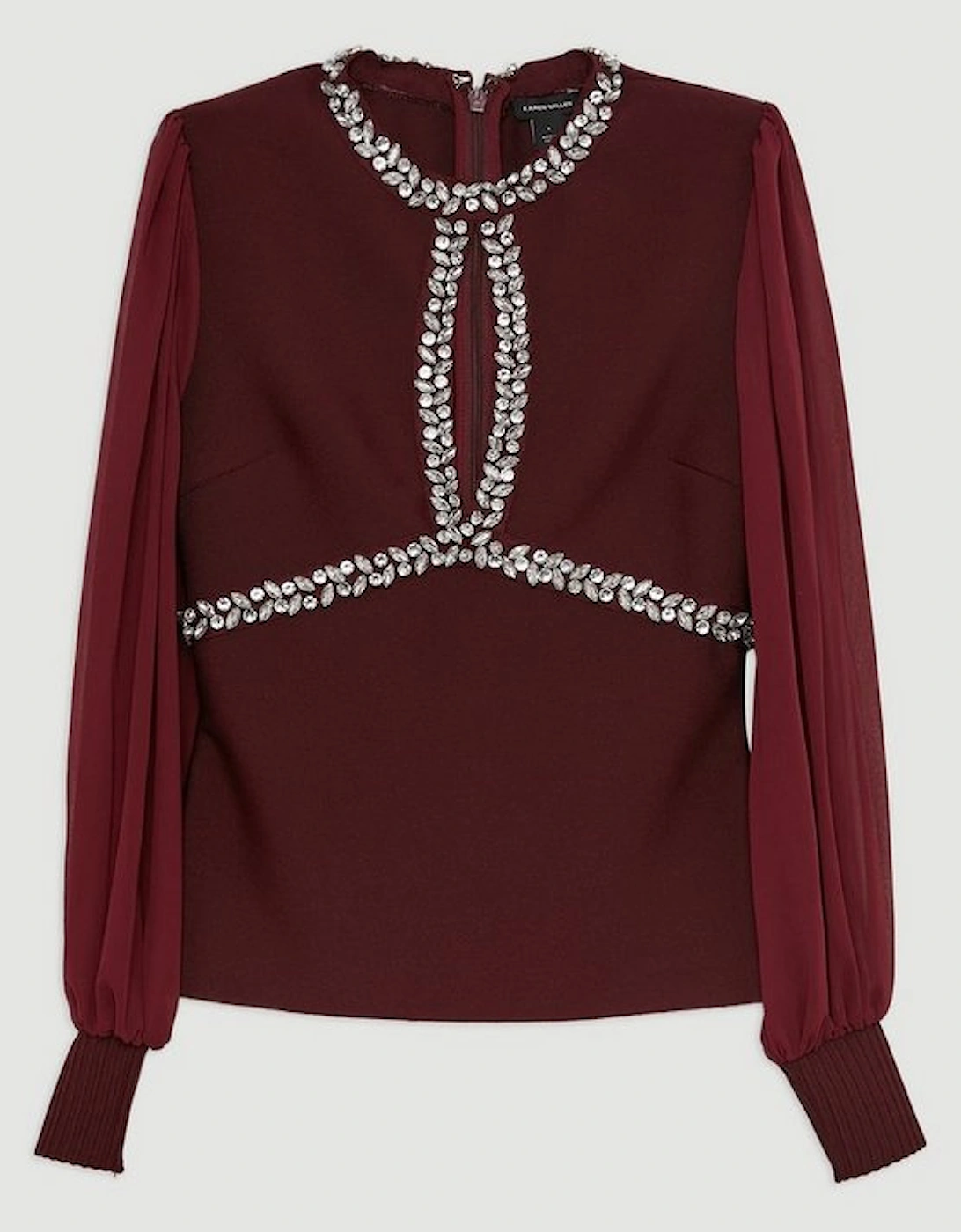 Embellished And Chiffon Sleeve Figure Form Knit Top