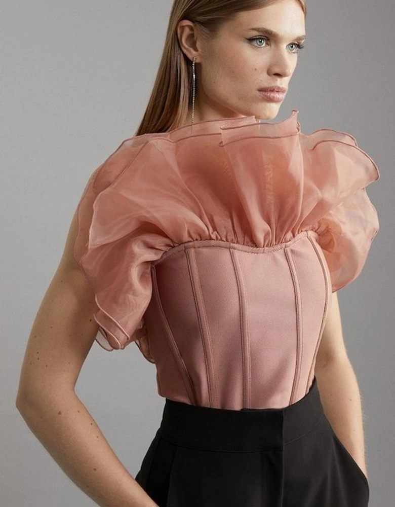 Figure Form Bandage Knit Organza Frill Detail Top