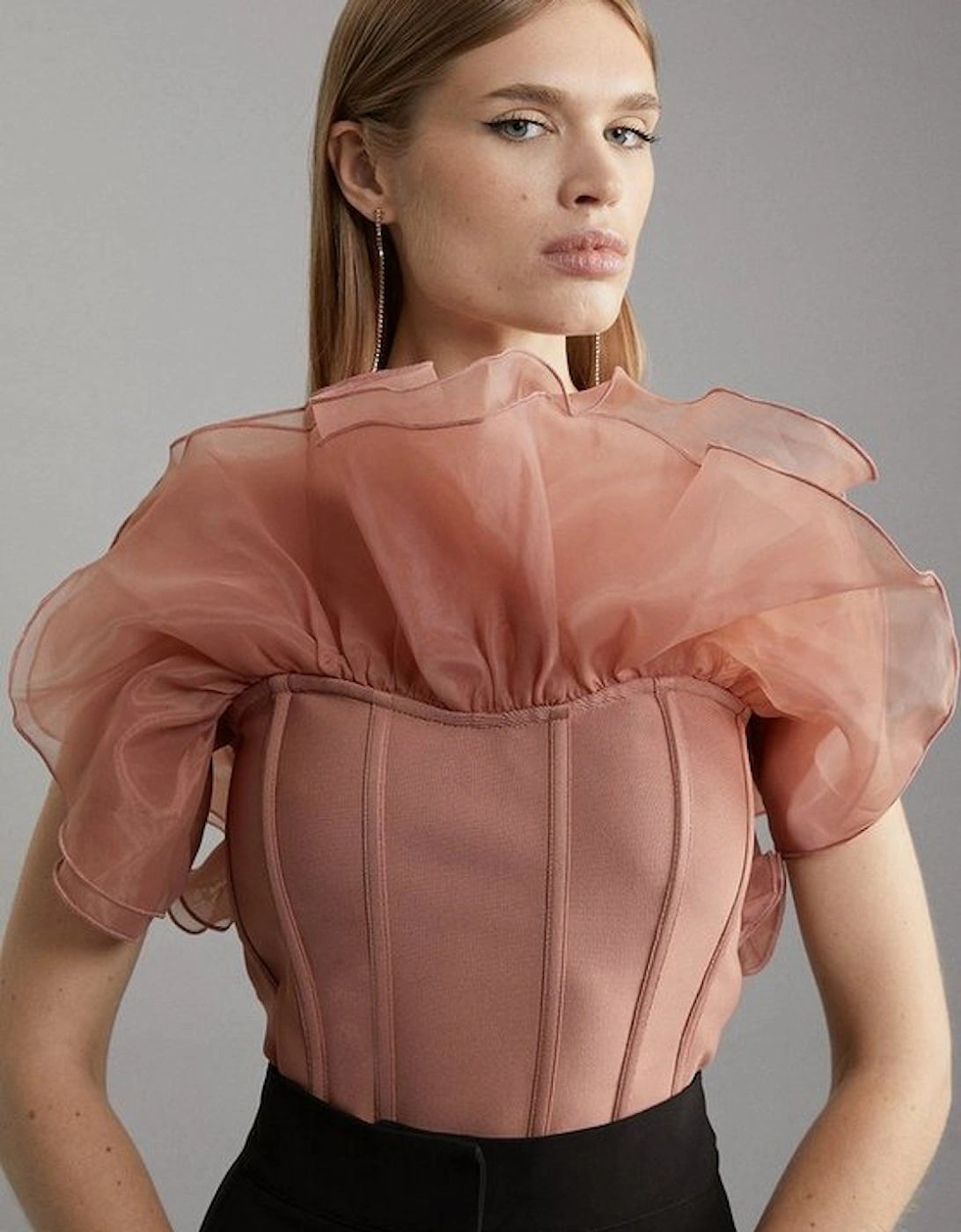 Figure Form Bandage Knit Organza Frill Detail Top