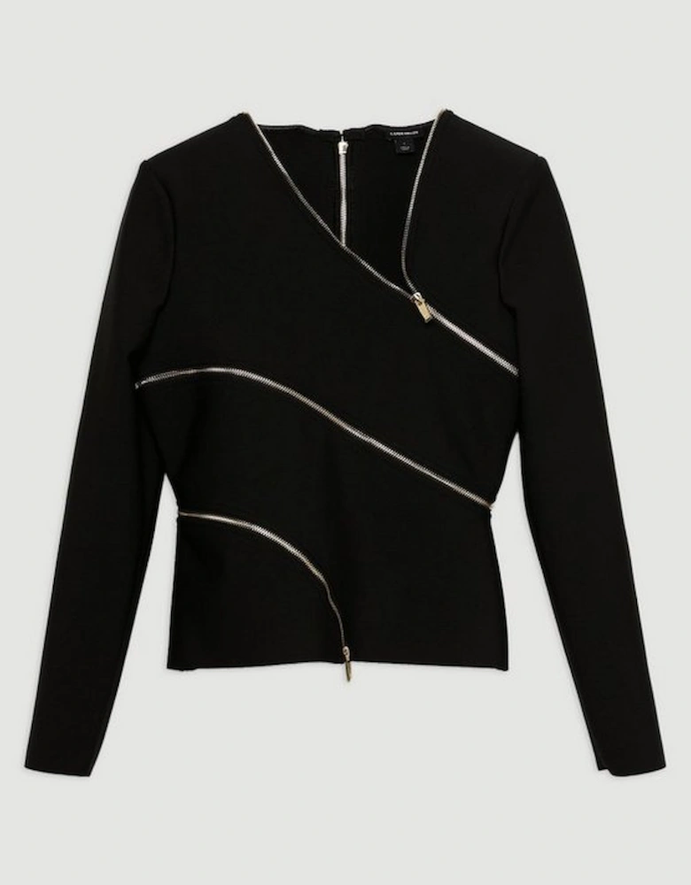 Asymmetric Zip Detail Figure Form Bandage Knit Top