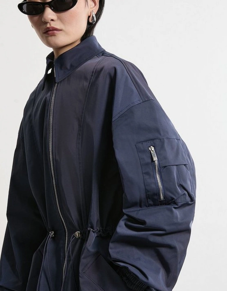 Drawstring Waist Collared Zip Through Mid Length Jacket