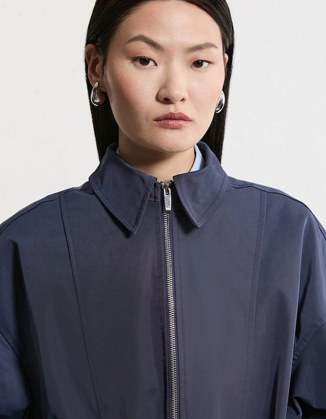 Drawstring Waist Collared Zip Through Mid Length Jacket