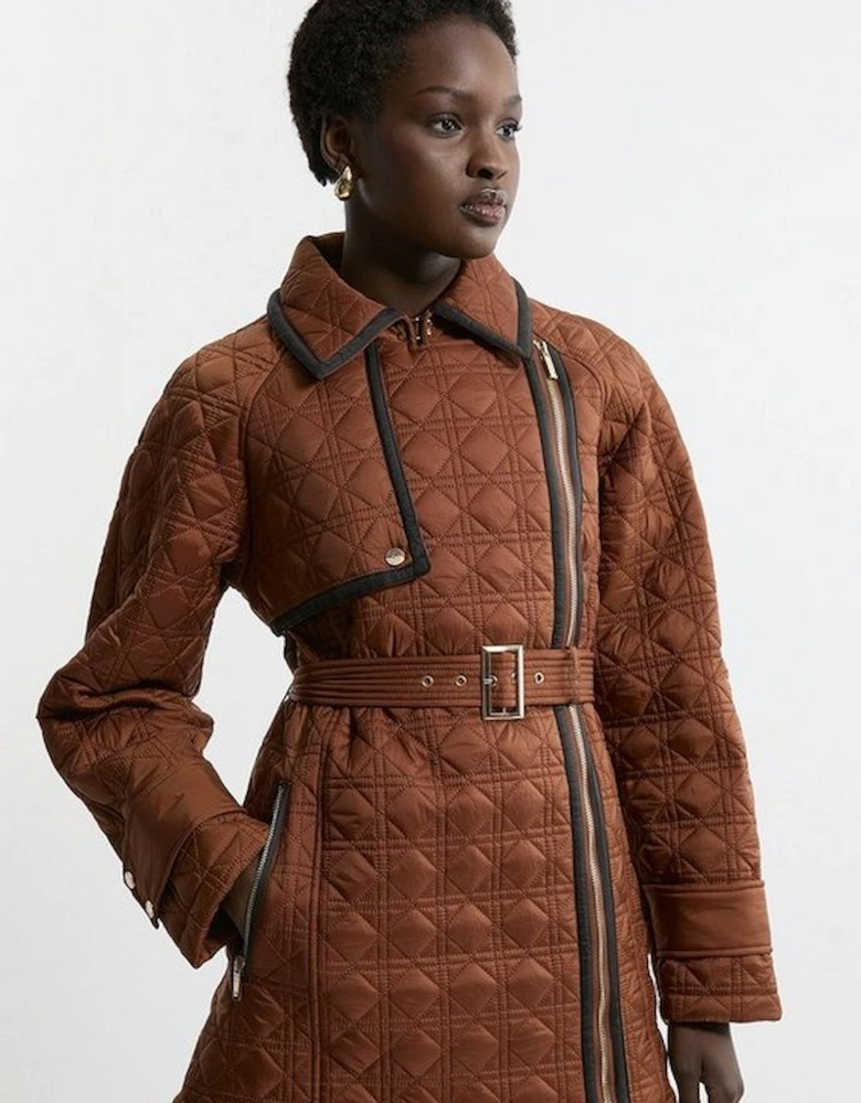 Diamond Quilted Belted Short Puffer Trench Jacket