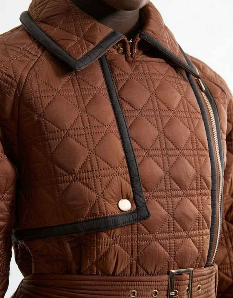 Diamond Quilted Belted Short Puffer Trench Jacket