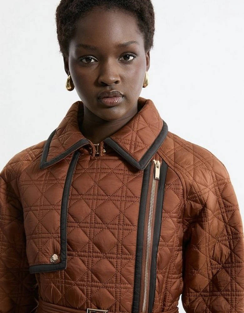 Diamond Quilted Belted Short Puffer Trench Jacket