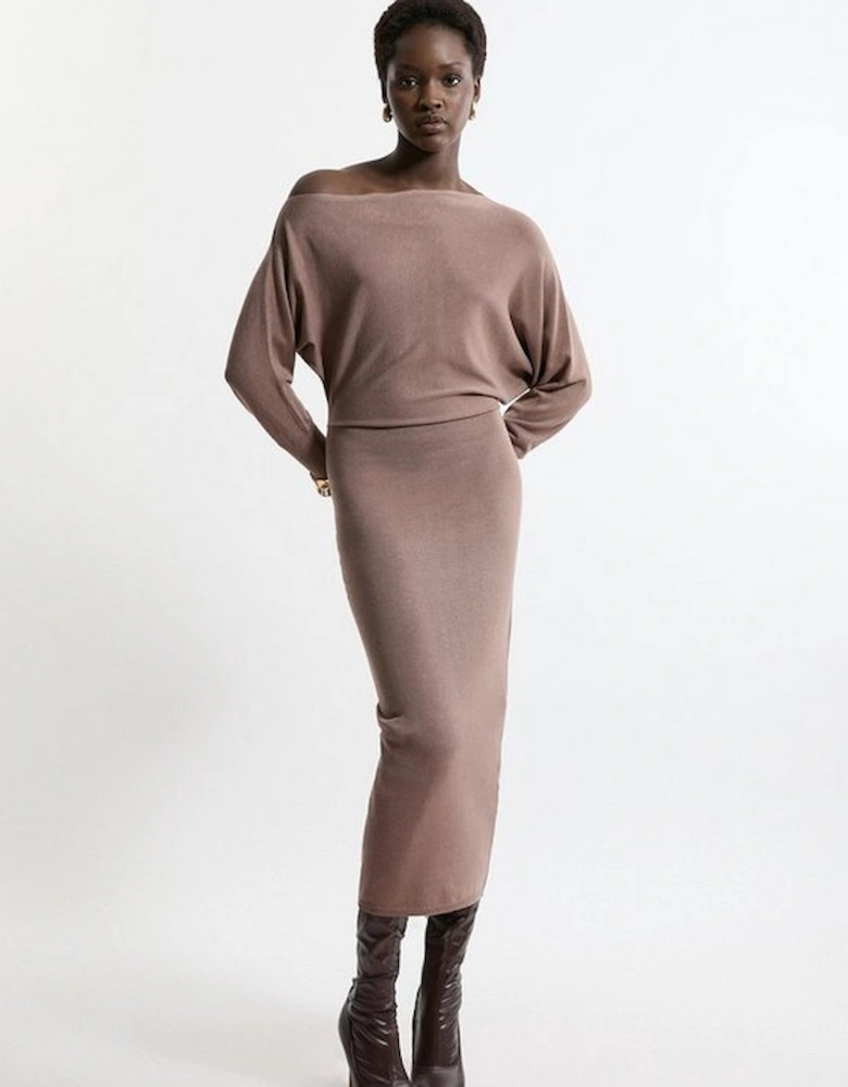 Viscose Blend Knit Asymmetric Neck Midi Dress