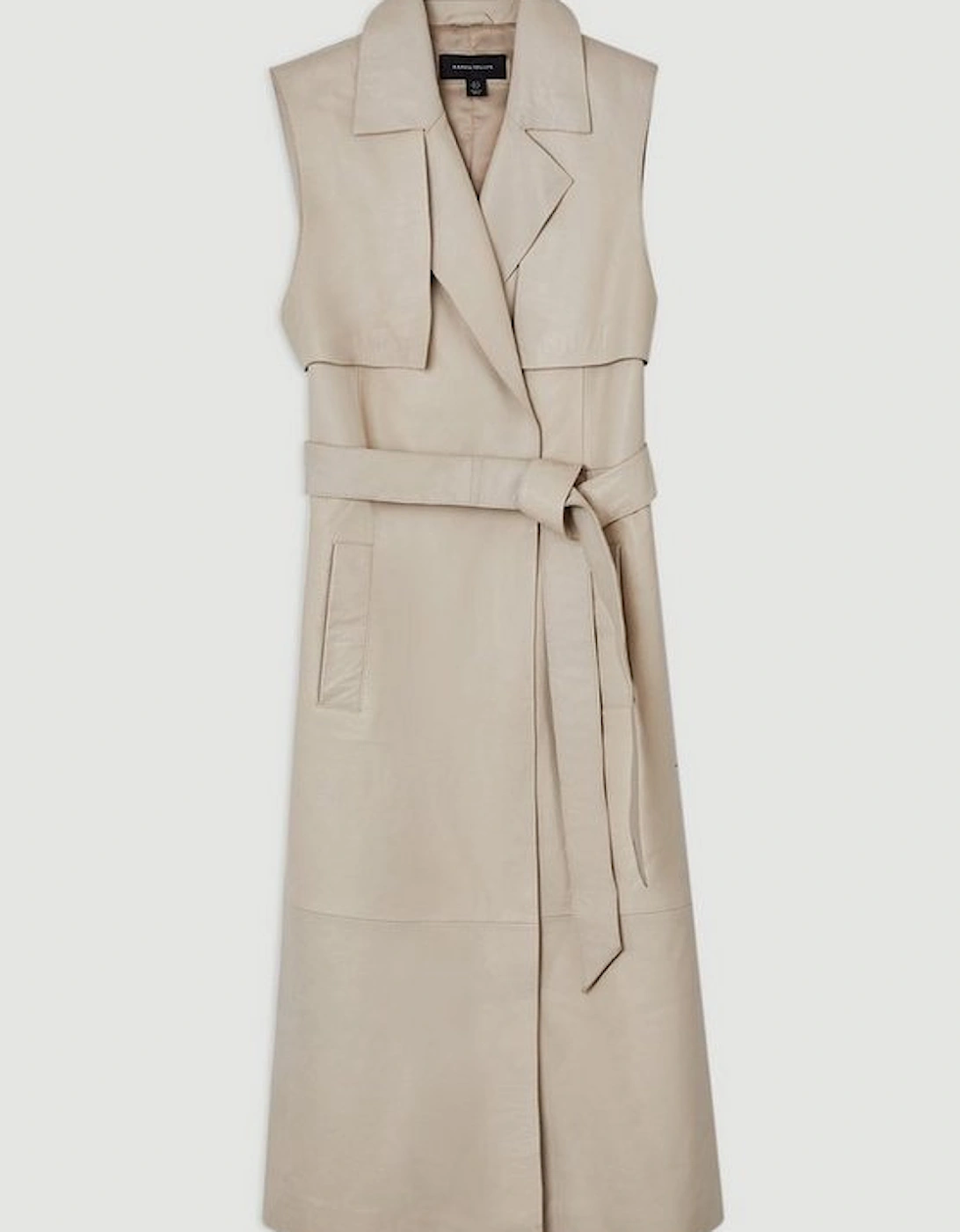 Leather Sleeveless Belted Storm Flap Detail Trench Coat