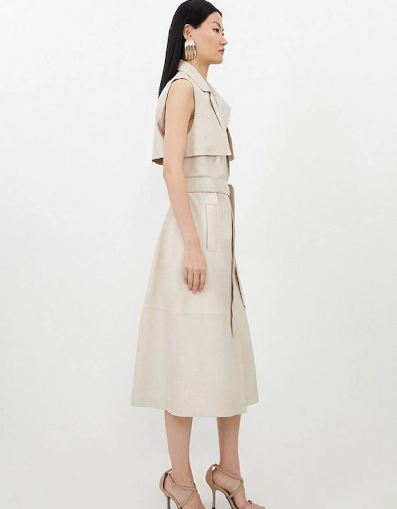 Leather Sleeveless Belted Storm Flap Detail Trench Coat