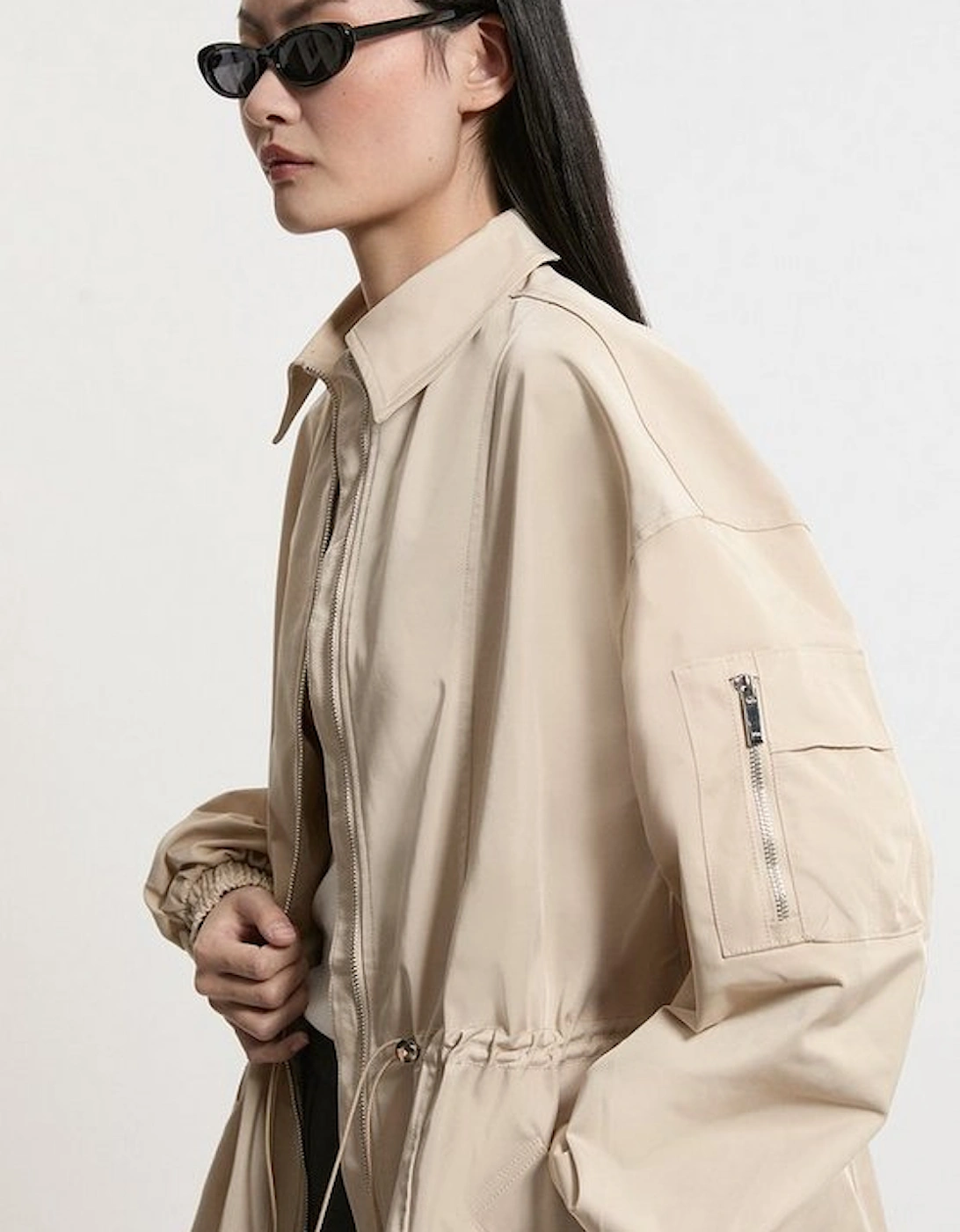 Drawstring Waist Collared Zip Through Mid Length Jacket