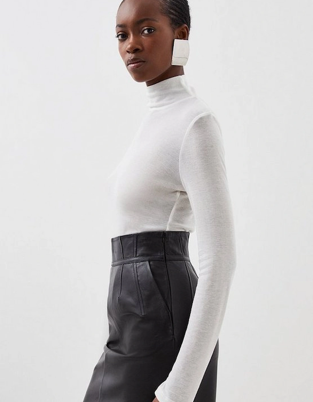 Premium Jersey Wool Blend High Neck Sleeve Top