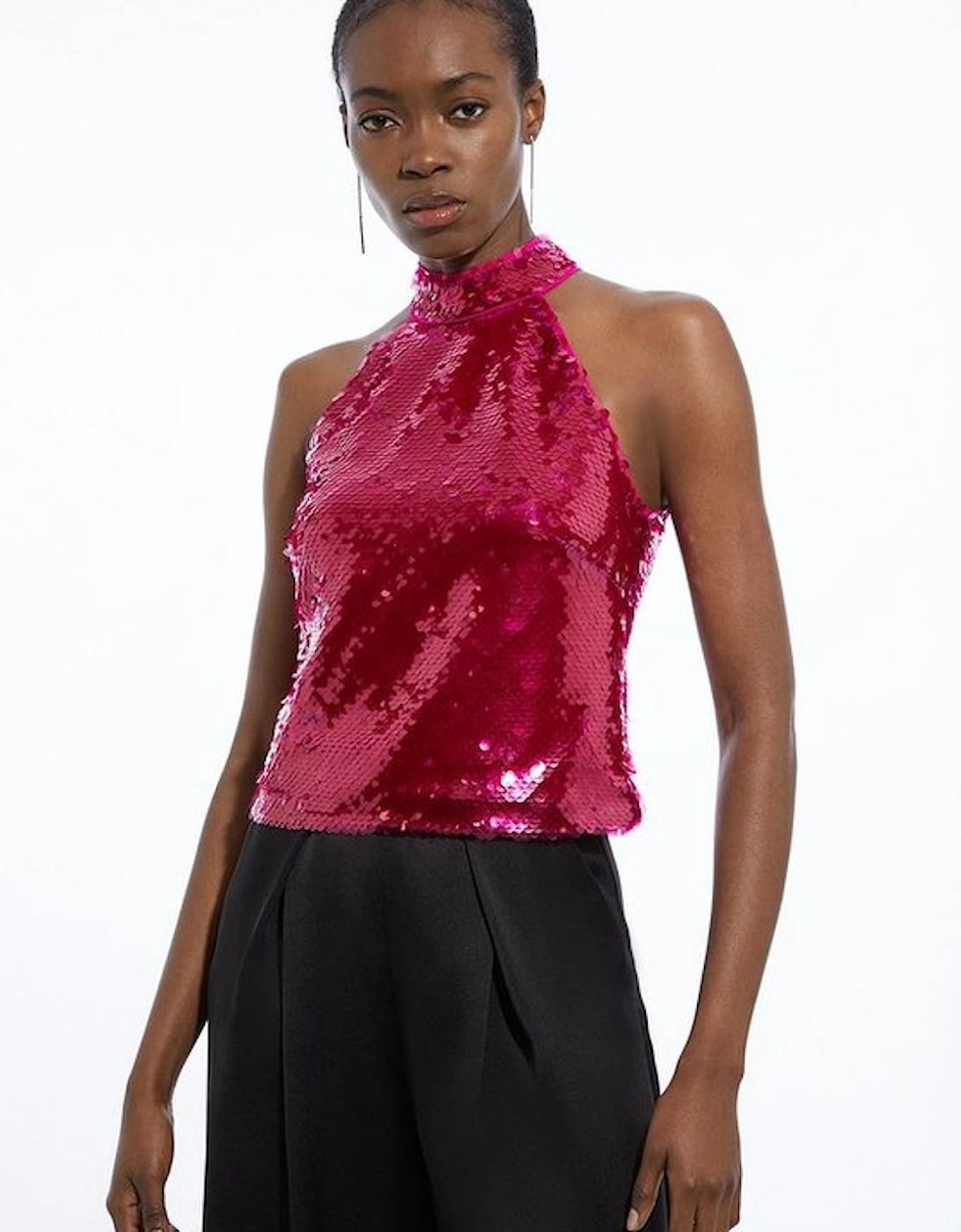 Layered Sequin Woven Halter Top