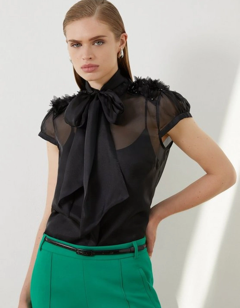 The Founder Organza Petal Applique Woven Tie Neck Blouse