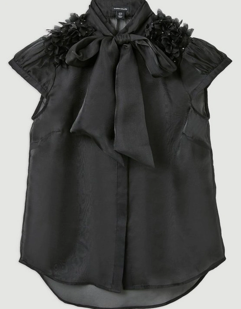 The Founder Organza Petal Applique Woven Tie Neck Blouse