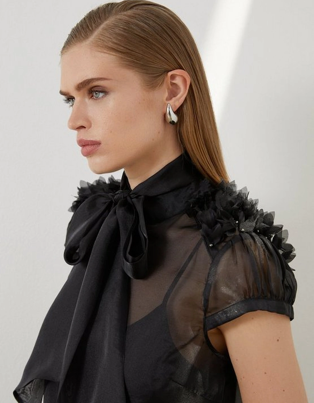 The Founder Organza Petal Applique Woven Tie Neck Blouse