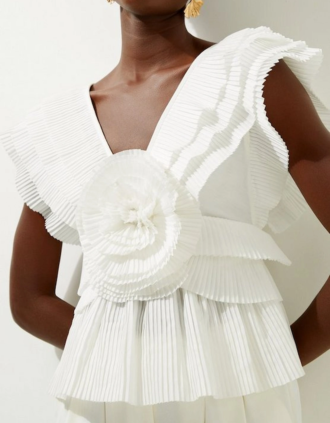 Drama Pleat Ruffle Rosette Woven Top