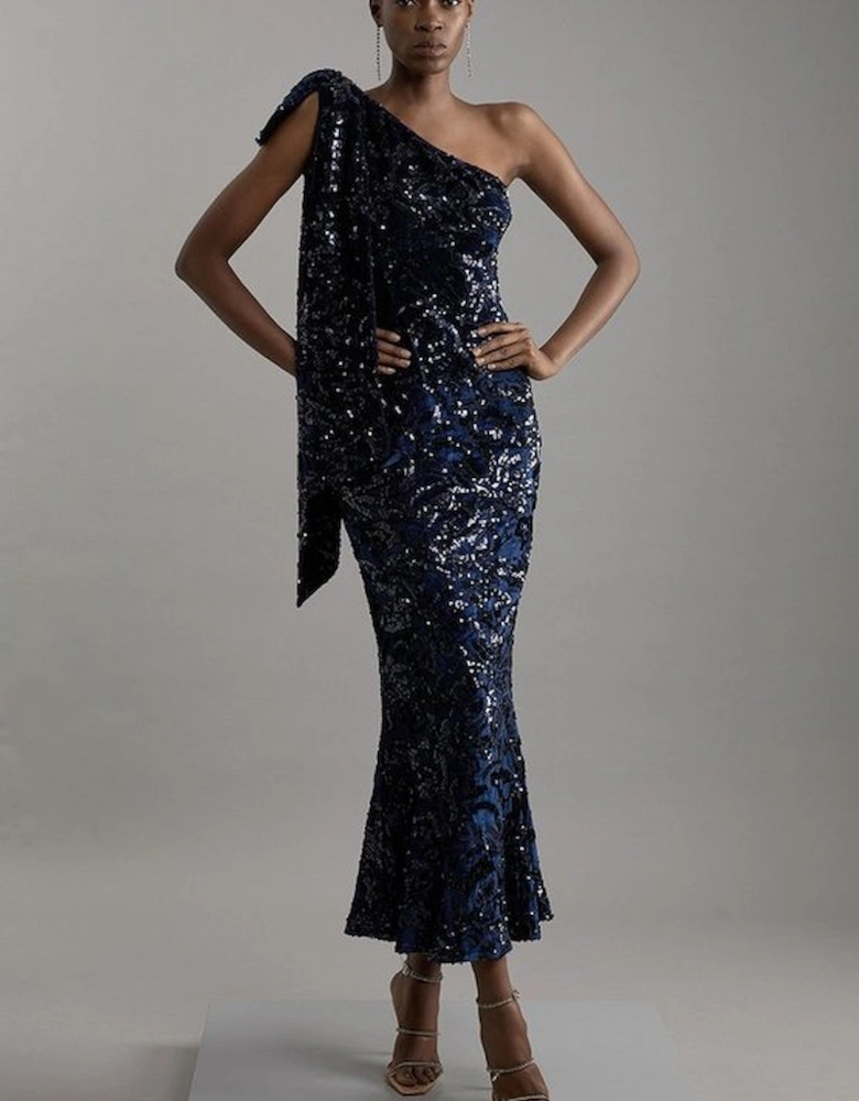 Petite Velvet Sequin One Shoulder Woven Maxi Dress