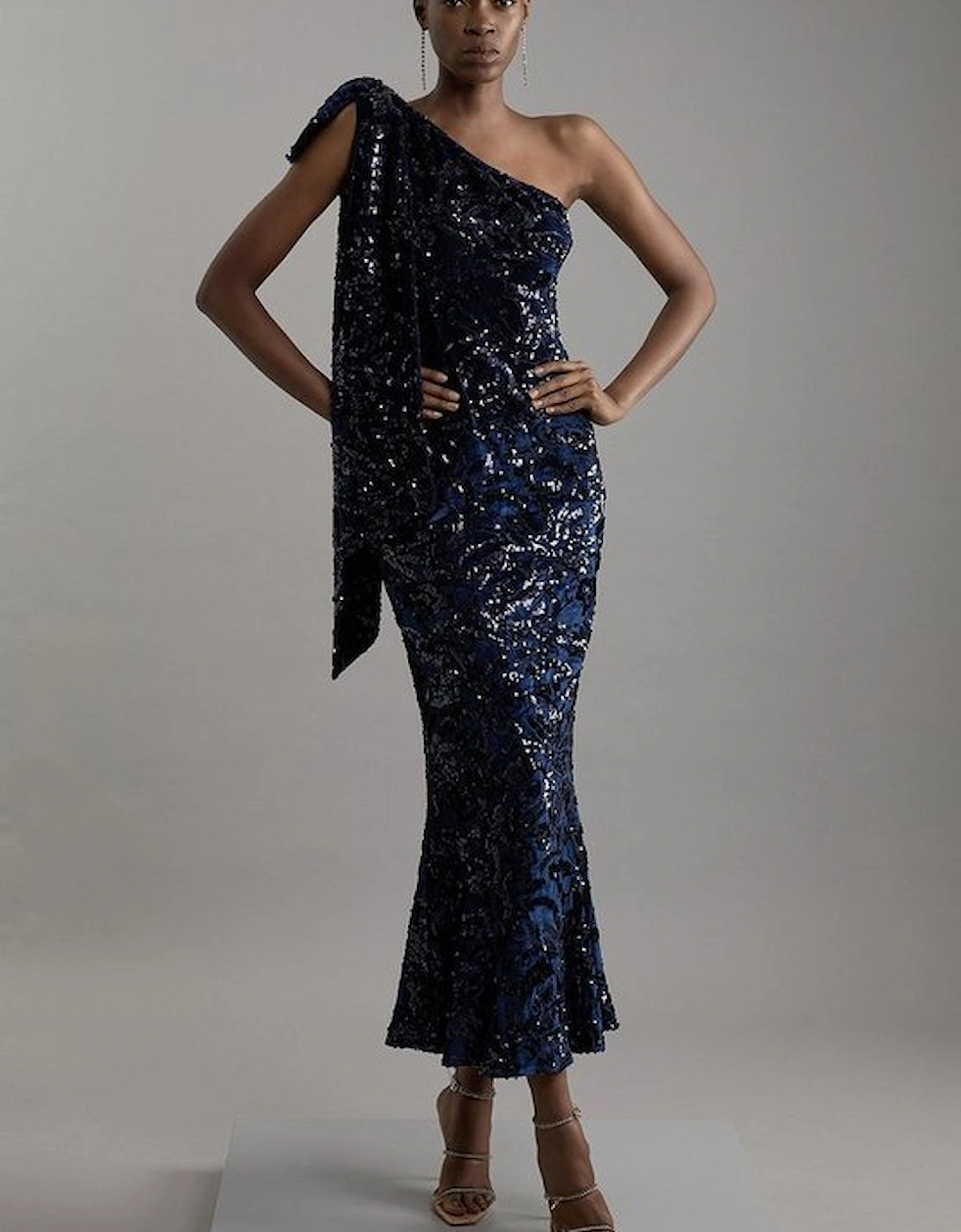 Petite Velvet Sequin One Shoulder Woven Maxi Dress, 4 of 3