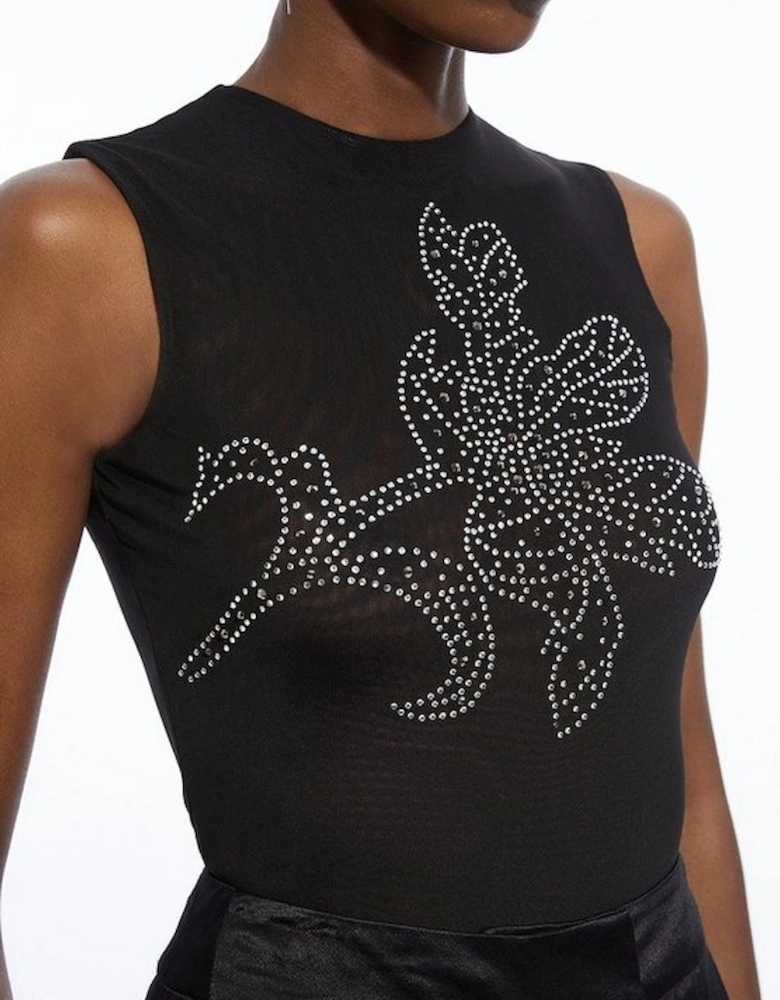 Placed Embellished Floral Mesh Jersey Bodysuit