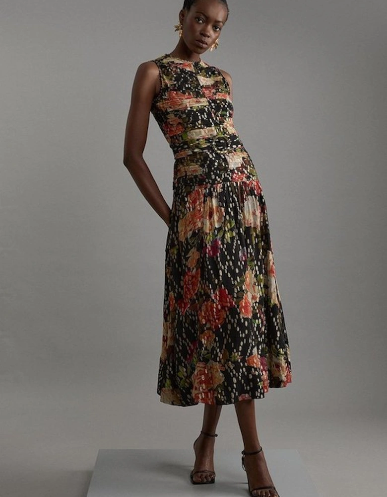 Floral Printed Viscose Metallic Thread Beaded Woven Midaxi Dress