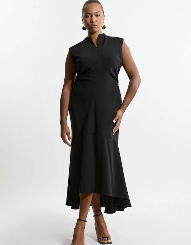 Plus Size Soft Tailored Ruched Waist Sleeveless Midi Dress