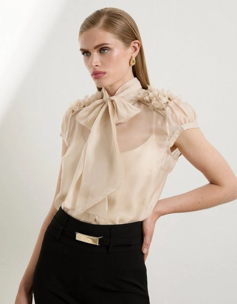 The Founder Organza Petal Applique Woven Tie Neck Blouse