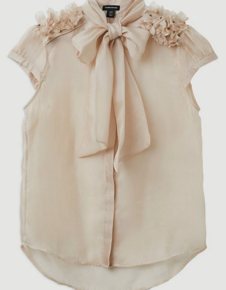 The Founder Organza Petal Applique Woven Tie Neck Blouse