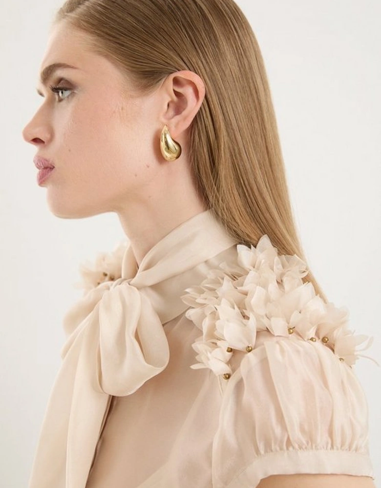 The Founder Organza Petal Applique Woven Tie Neck Blouse