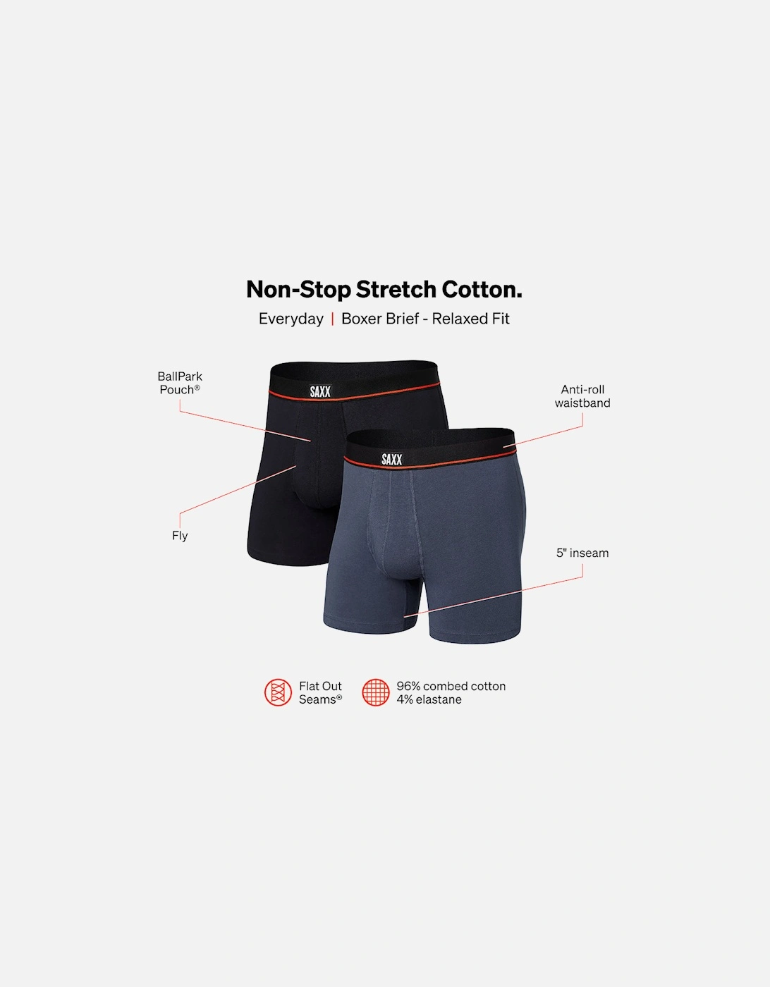 2-Pack Non-Stop Stretch Cotton Boxer Briefs, Navy/Black