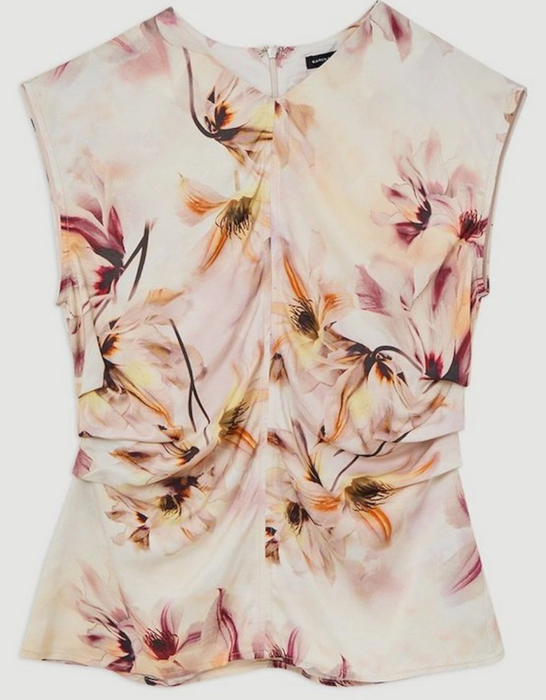 Abstract Floral Satin Crepe Woven Gathered Detail Top