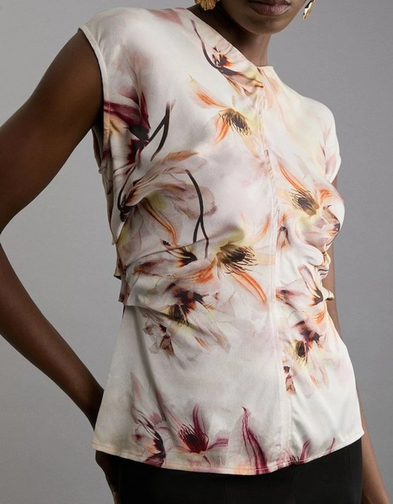 Abstract Floral Satin Crepe Woven Gathered Detail Top