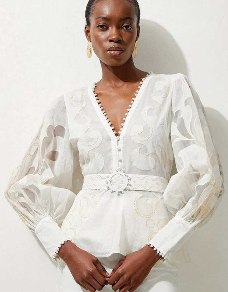 Cutwork Organdie Woven Balloon Sleeve Blouse