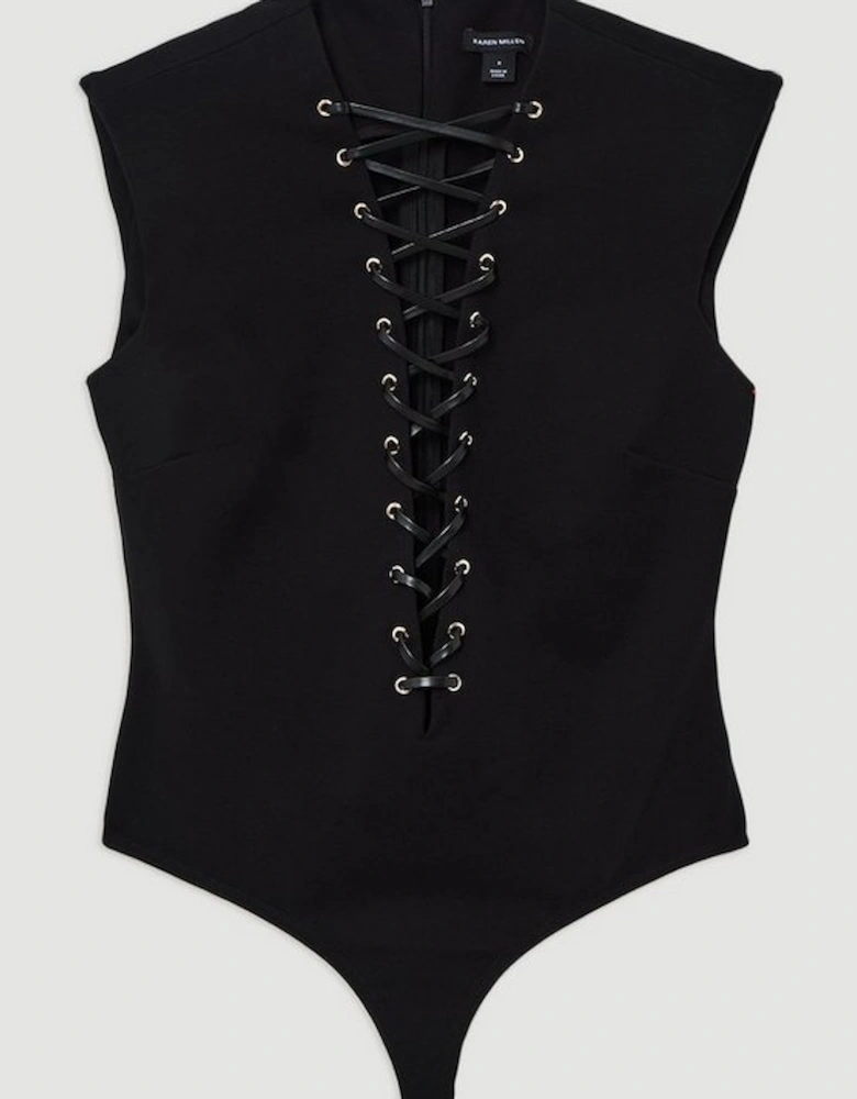 Eyelet Detail Lace Up Ponte Jersey Bodysuit