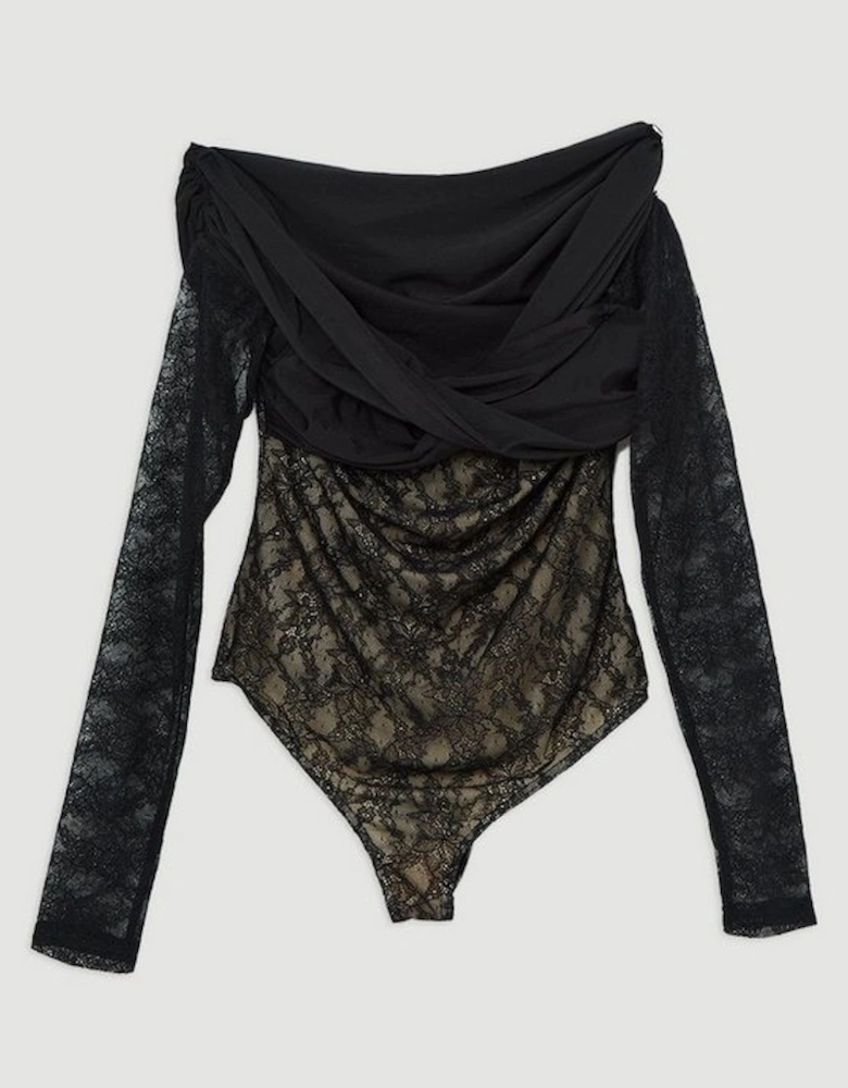 Lace And Jersey Crepe Bardot Bodysuit