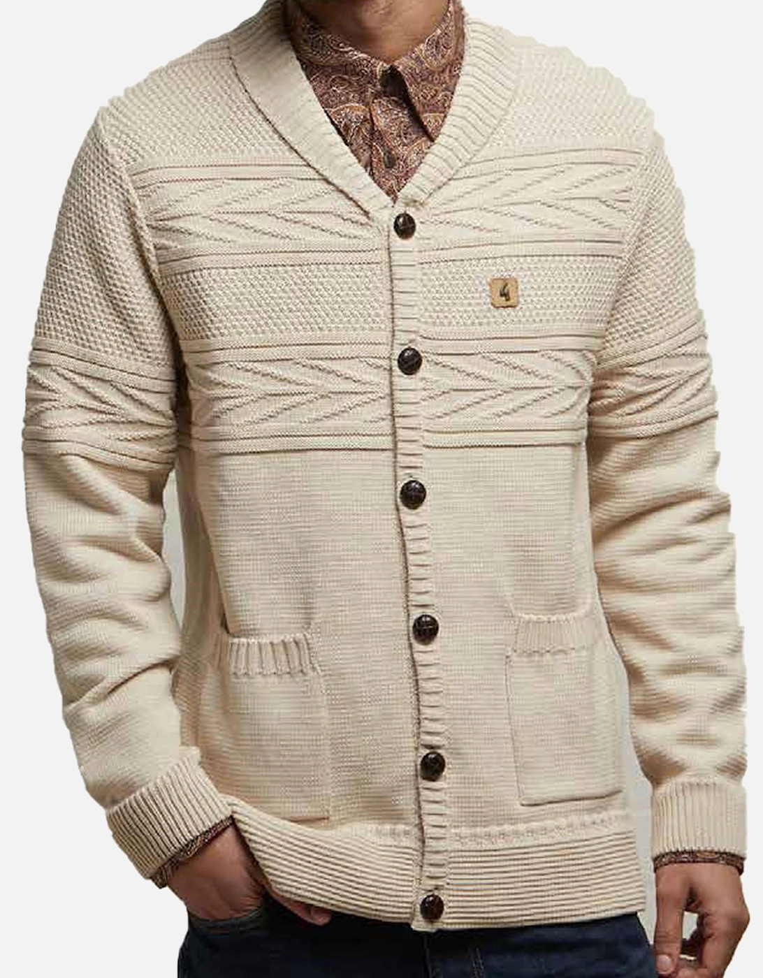 Jay Long Sleeve, Textured Knit, Nautical Style, Button Through Men's Cardigan | Cream