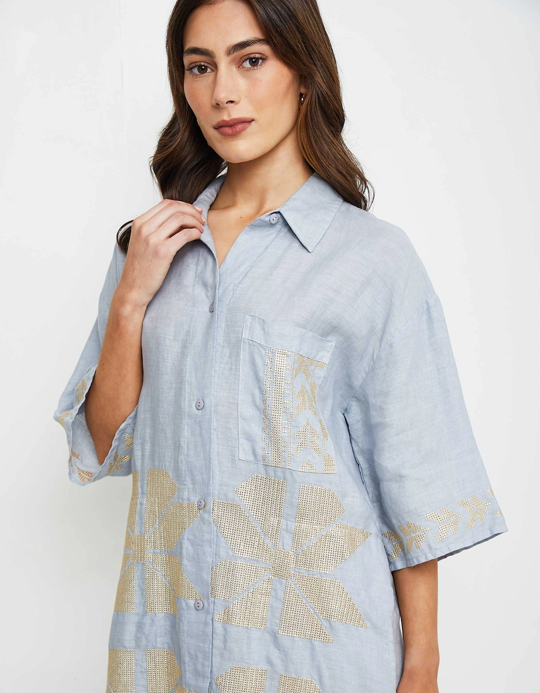 Linen Embroidered Shirt Dress