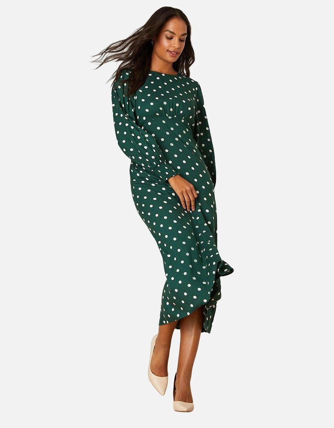 Womens/Ladies Spotted Shirred Cuff Long-Sleeved Midi Dress