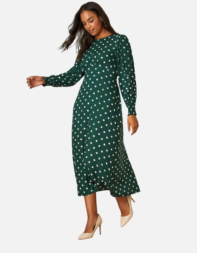 Womens/Ladies Spotted Shirred Cuff Long-Sleeved Midi Dress