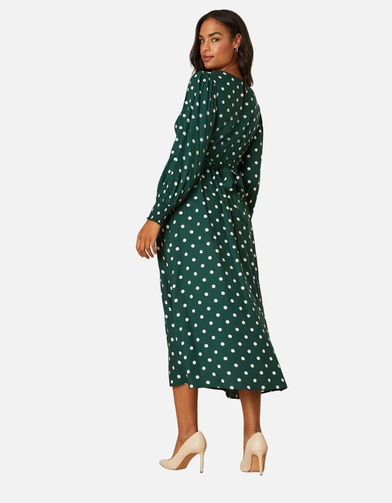 Womens/Ladies Spotted Shirred Cuff Long-Sleeved Midi Dress
