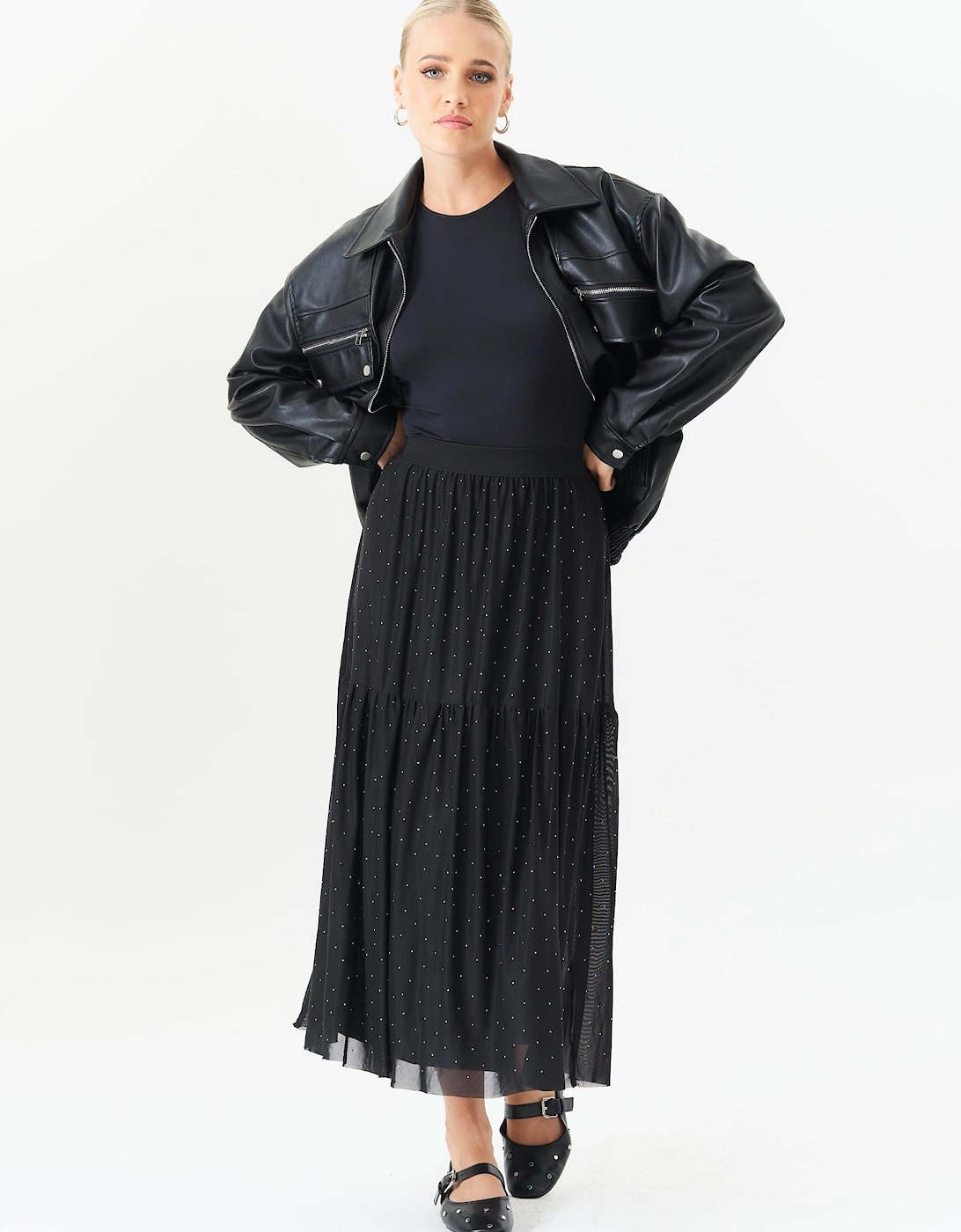 Gini London Women's Black Diamante Mesh Maxi Skirt - Size: 12/14