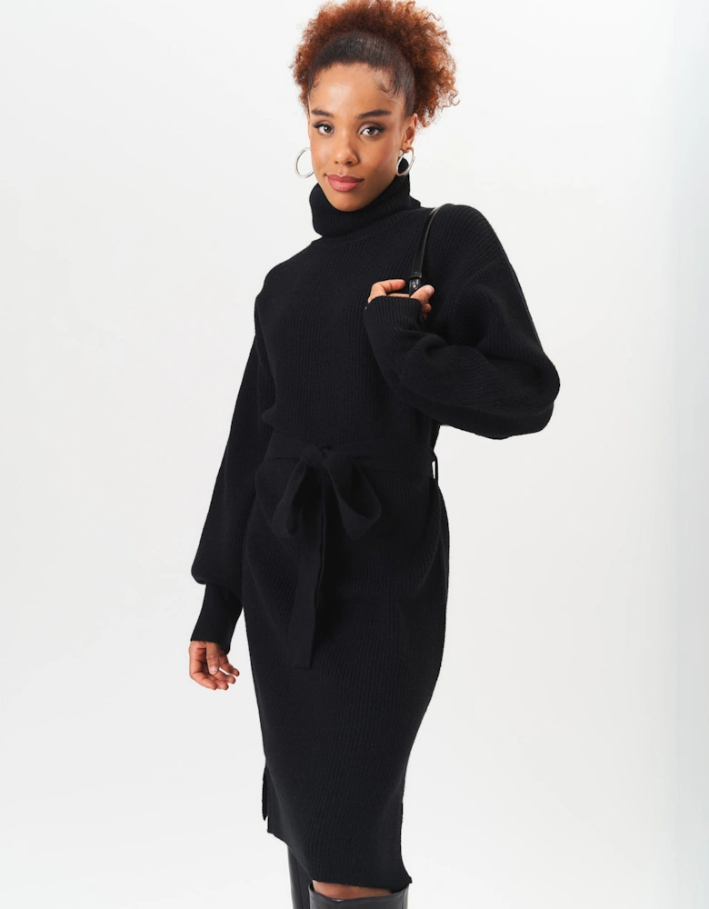 Black Roll Neck Oversized Knit Jumper Dress