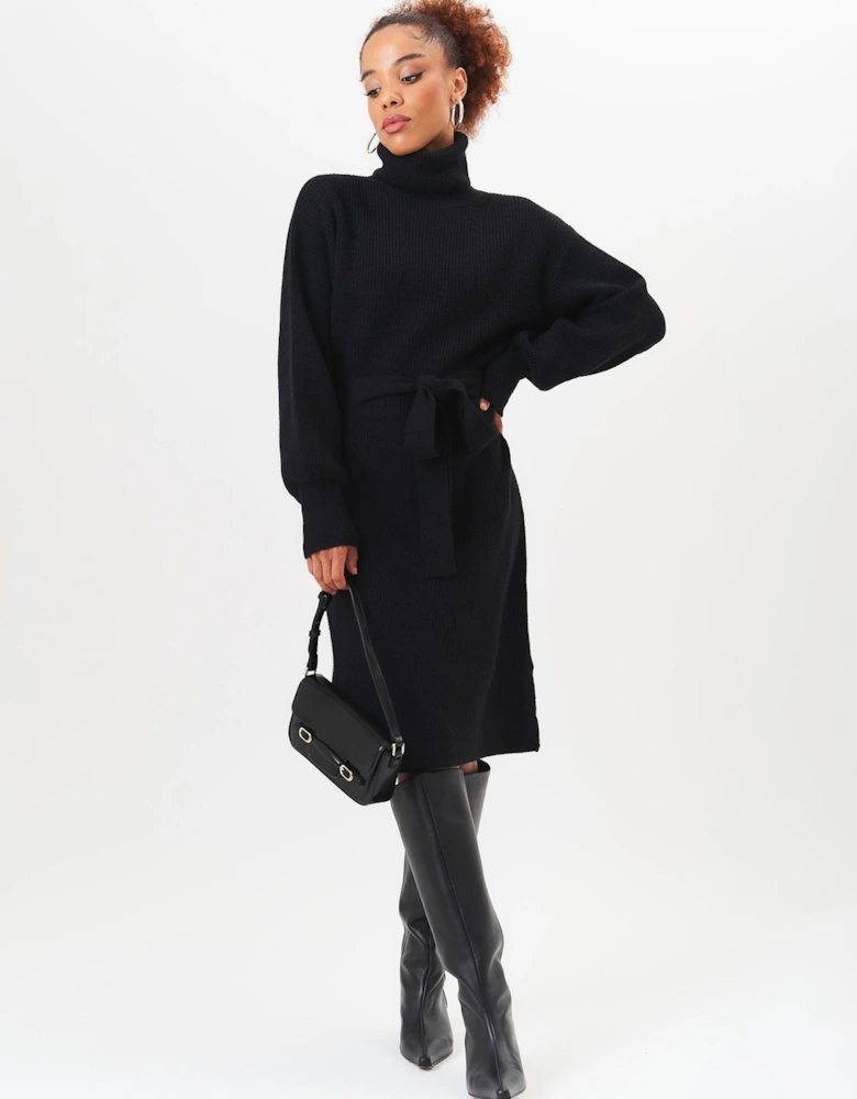 Black Roll Neck Oversized Knit Jumper Dress