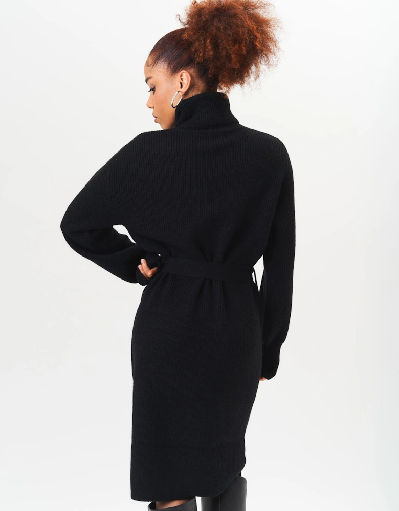 Black Roll Neck Oversized Knit Jumper Dress