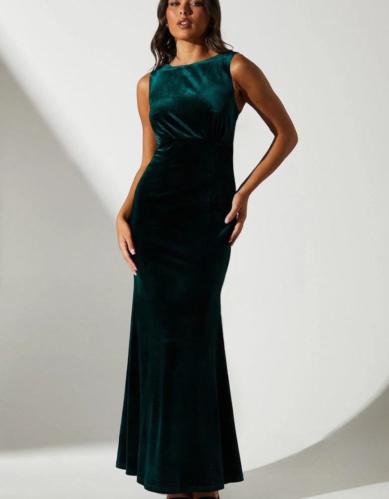 Velvet And Satin Bow Back Detail Maxi Dress