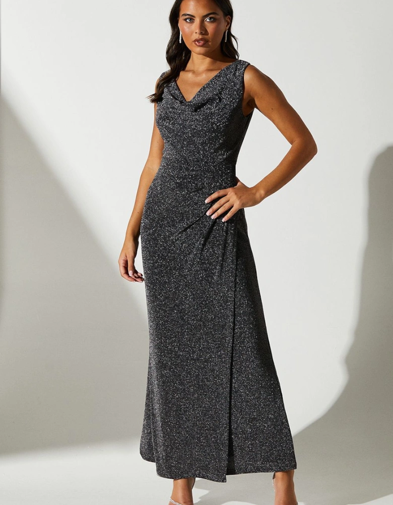 Metallic Jersey Cowl Neck Wrap Skirt Maxi Dress