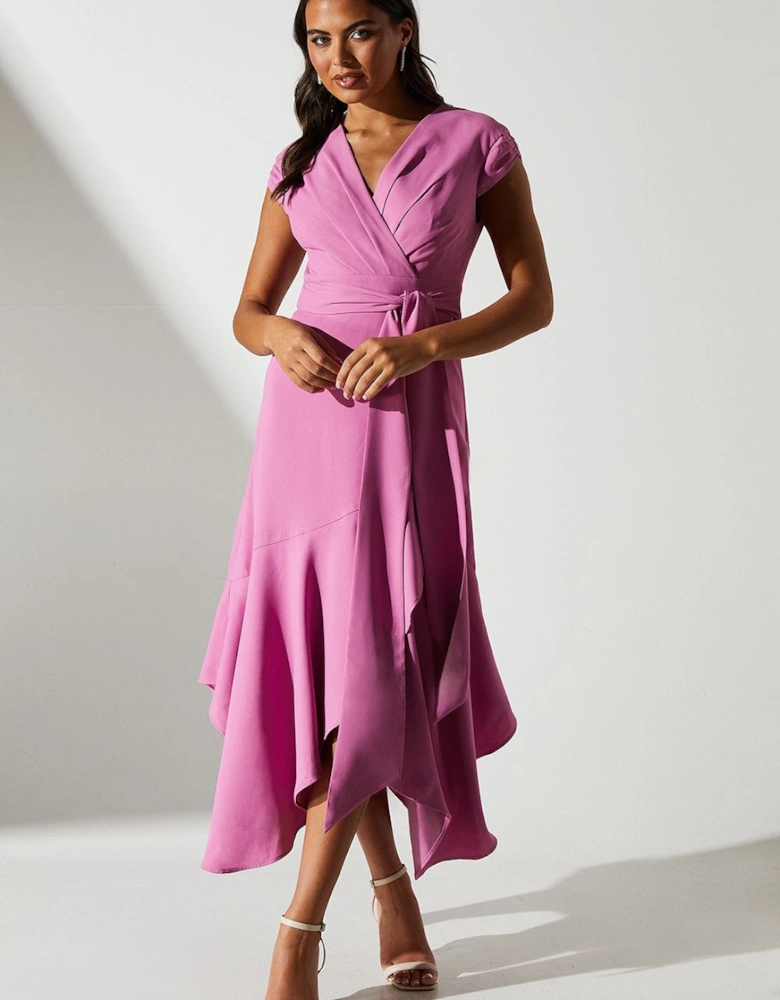 Ruffle Wrap Front Belted Midi Dress