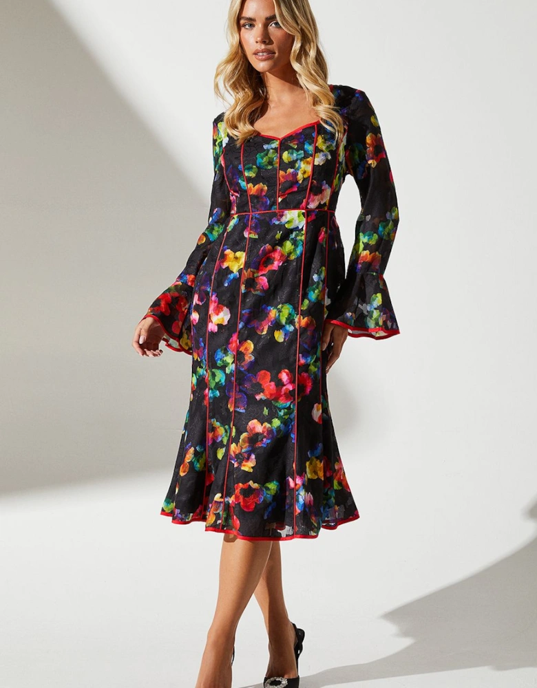 Petite Floral Print Long Sleeve Midi Dress